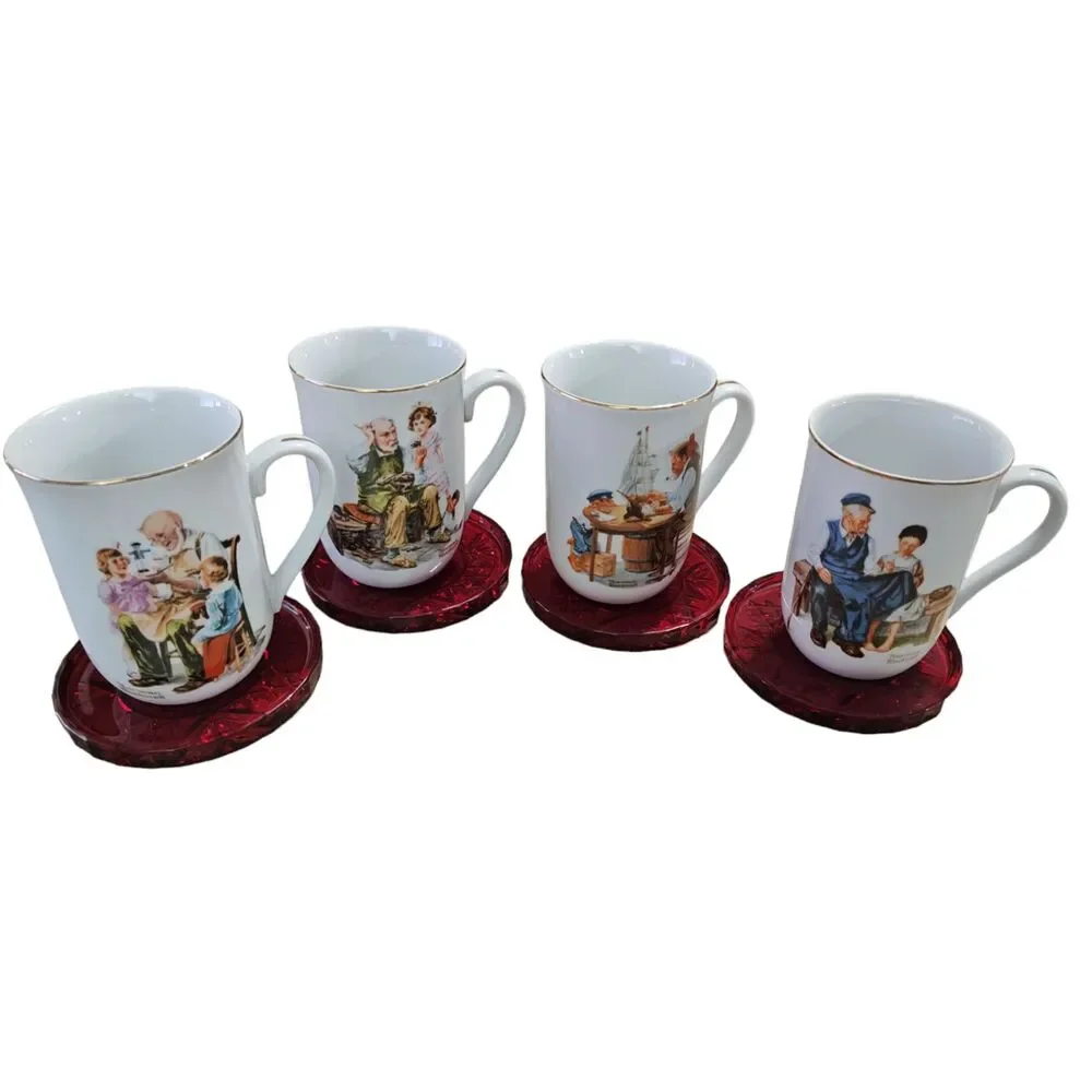 Vintage Norman Rockwell 1986 Collection Cups Mugs 4 Gold Trim + Glass Coasters